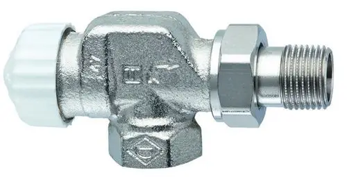 Thermostat-Ventilunterteil mit axialer Form, aus Metall, mit einem weißen Drehknopf. Produkt von IMI Hydronic Engineering zur Steuerung von Heizkreisläufen.
